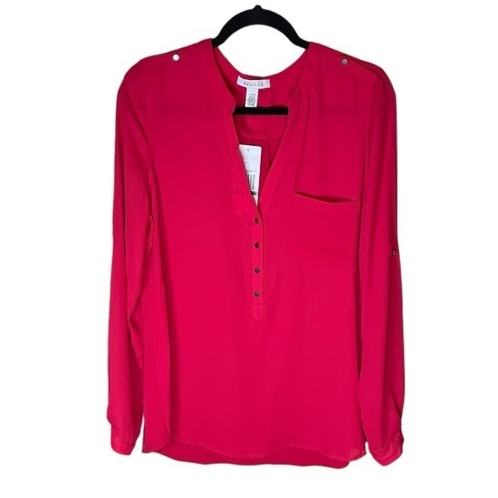 Kenneth Cole‎ Reaction Red Blouse Tunic Pocket and Gun Metal Buttons Size Large